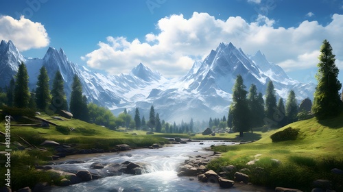 Beautiful panoramic view of the mountain river and the forest
