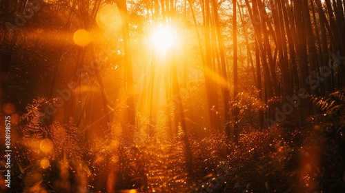   The sun shines brightly through the forest of tall  thin trees