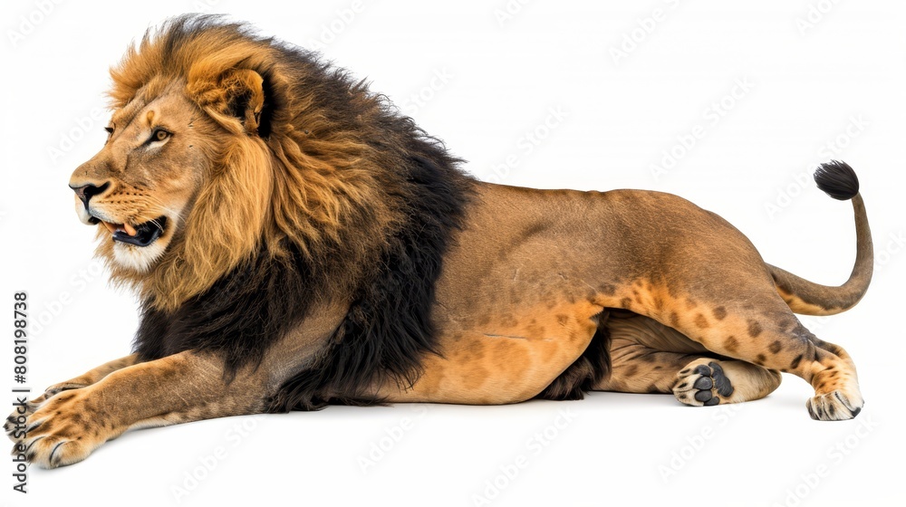 A tight shot of a lion lying on a pristine white background, head turned to the side, mouth agape A tight shot of a lion lying on a pristine white background, head turned to the side, mouth agape