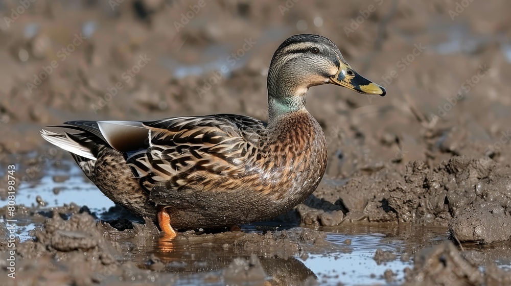 A tight shot of a duck submerged in water, surrounded by mud at the bottom and grassy banks in the background A tight shot of a duck submerged in water, surrounded by mud at the bottom and grassy banks in the background