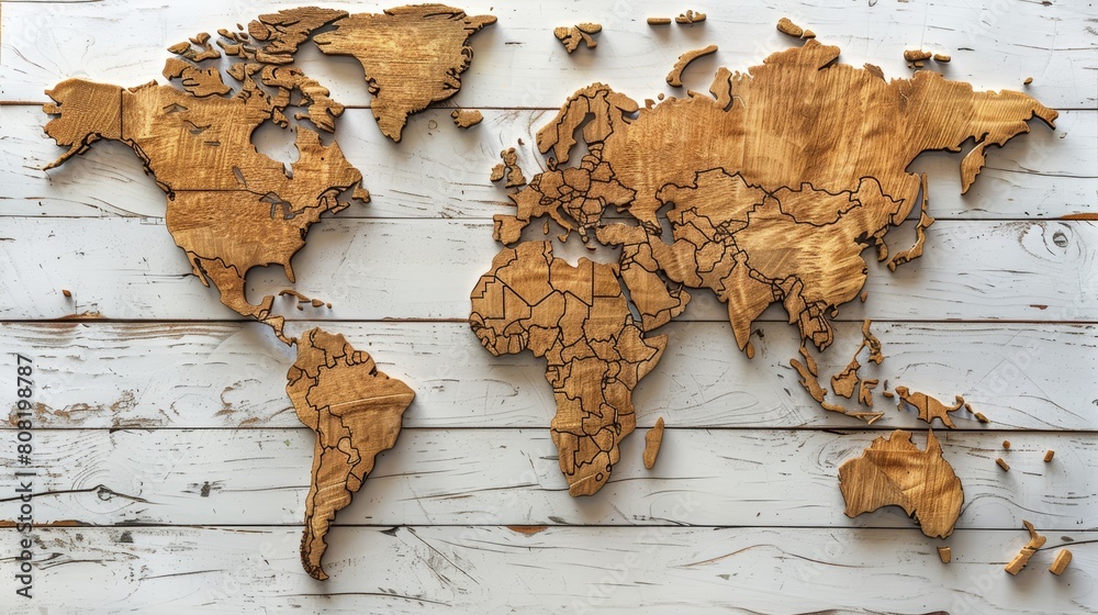 A wood map of the world on a white-painted, weathered wood panel A wood map of the world on a white-painted, weathered wood panel