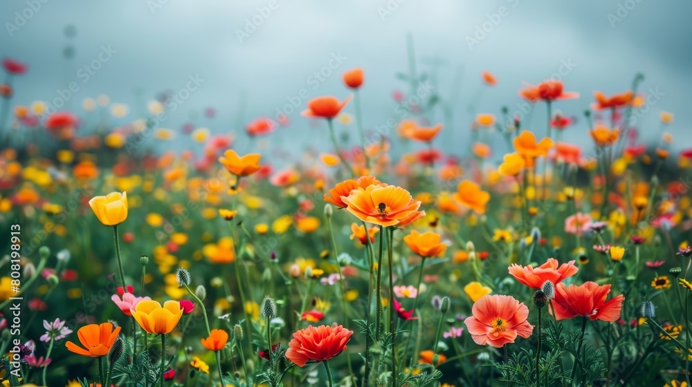   A field filled with orange, pink, and yellow flowers against a cloudy backdrop