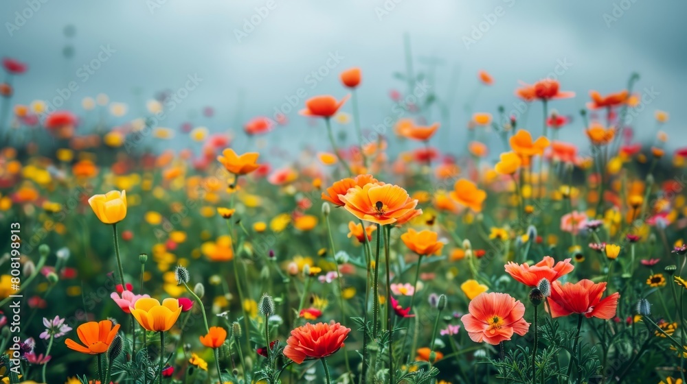 A field filled with orange, pink, and yellow flowers against a cloudy backdrop A field filled with orange, pink, and yellow flowers against a cloudy backdrop