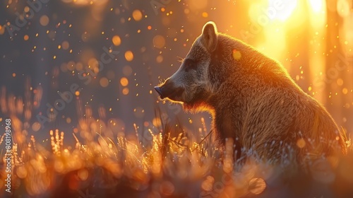   A brown bear sits in a sun-dappled grass field, surrounded by trees with sunlight filtering through their branches