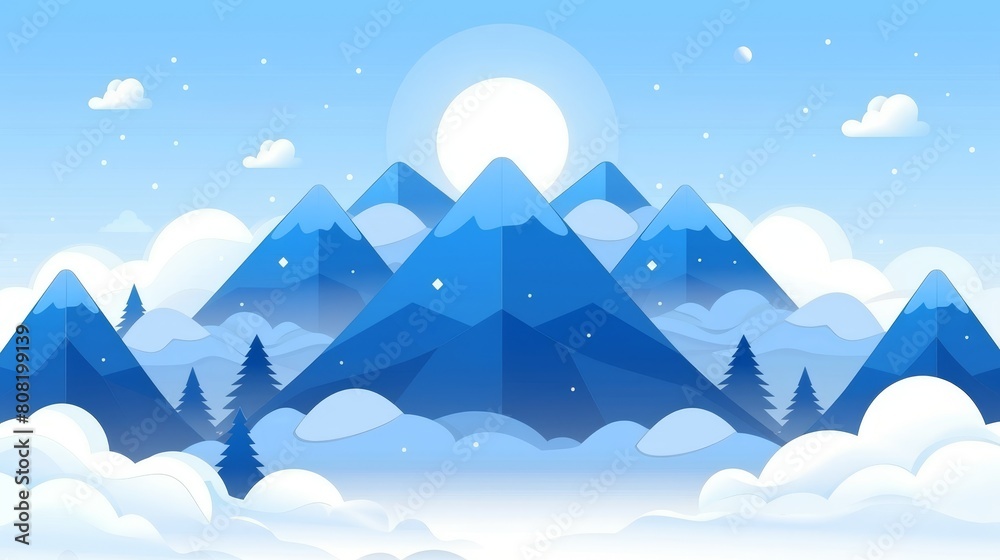   A snow-covered mountain backdrop with a full moon rising above, trees in the foreground, and clouds scattering before