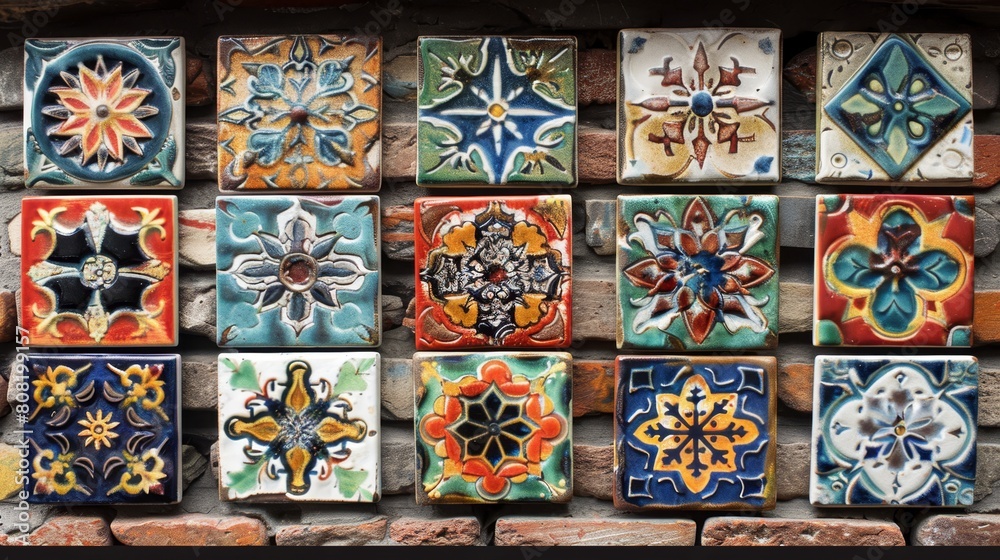 A brick wall with multiple colored tiles in the background and foreground A brick wall with multiple colored tiles in the background and foreground