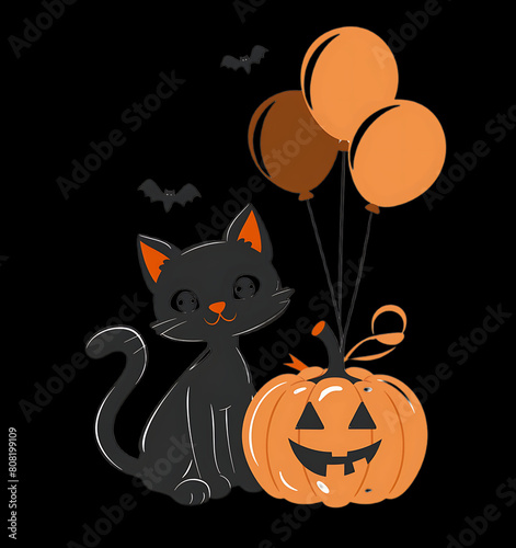 A cute black cat with orange eyes  holding balloons in its paws and sitting next to an elegant pumpkin on the ground