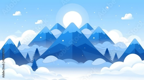  A snow-covered mountain backdrop with a full moon rising above, trees in the foreground, and clouds scattering before