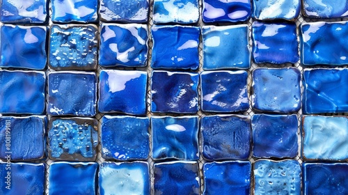  A tight shot of blue-and-white tiled surface, adorned with numerous water droplets