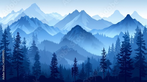   A landscape of mountains with pine trees dotting the foreground Background consists of towering peaks Fog obscures the sky in the front photo