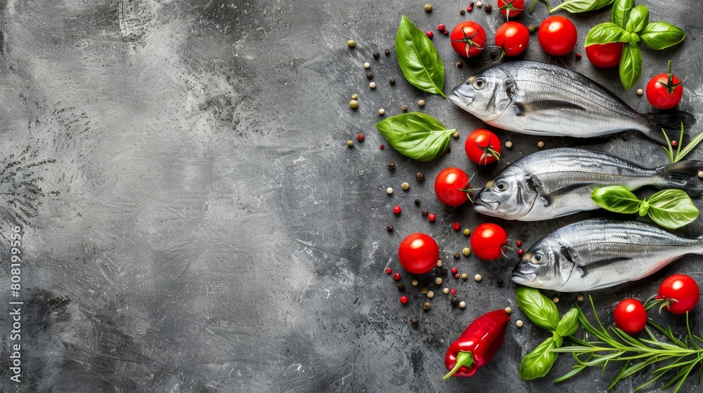   A collection of fish atop a table, adjacent to tomatoes and verdant vegetable greens