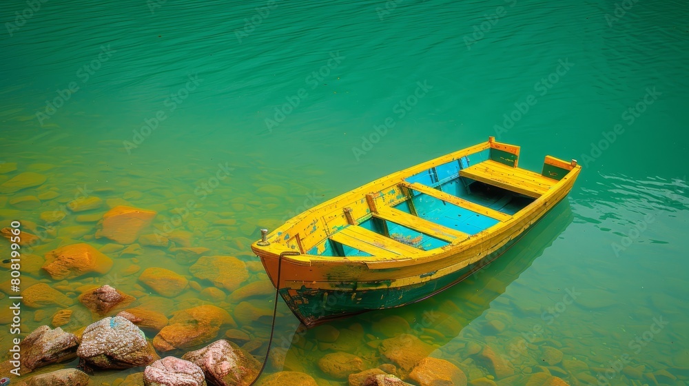   A tiny yellow-blue boat atop tranquil water, surrounded by rocks and a nearby rocky wall