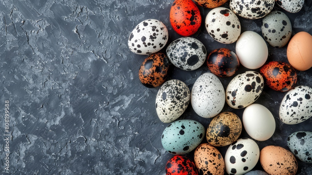 A collection of varied-colored eggs atop a gray background, featuring a small black mark on each egg summit A collection of varied-colored eggs atop a gray background, featuring a small black mark on each egg summit