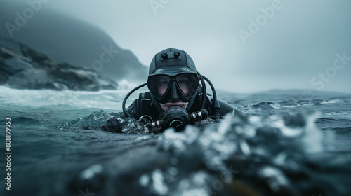 Technical diver working in the cold northern sea photo