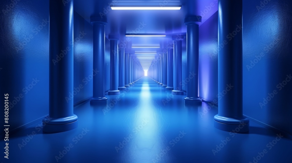   A long hallway is lined with columns At its end, a blue light softly glows