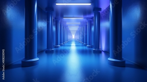   A long hallway is lined with columns At its end, a blue light softly glows © Jevjenijs