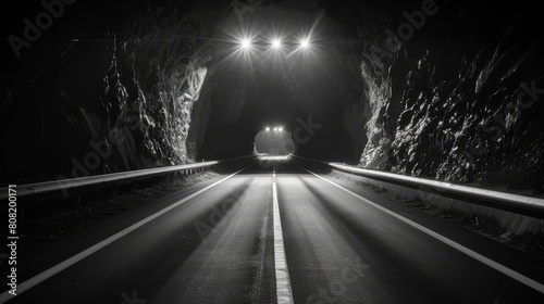   A monochrome image of a solitary light at the tunnel's end on a darkened roadway at night photo