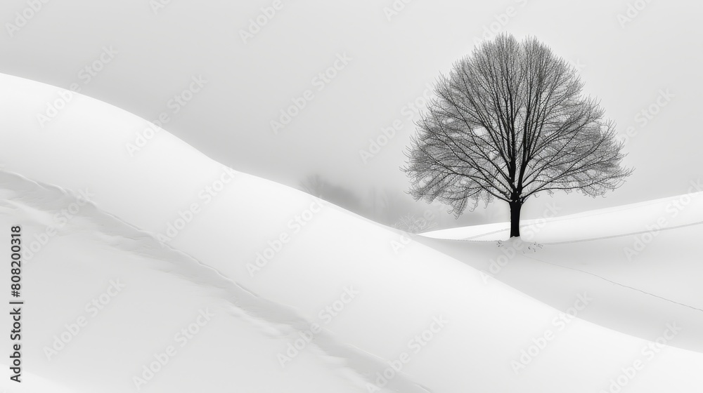 A lone tree, black against the snow-covered field, stands amidst foggy, gray background—a winter scene A lone tree, black against the snow-covered field, stands amidst foggy, gray background—a winter scene