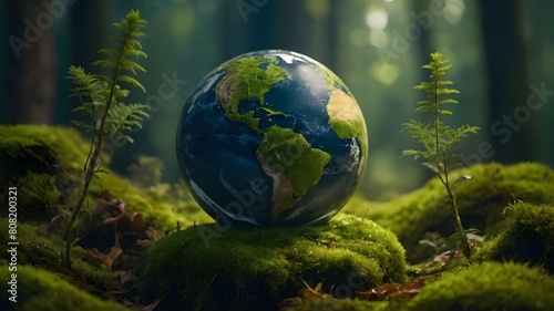 Globe earth on green grass. World environment day  earth day  save earth and eco concept. On forest background.