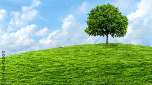   A solitary tree atop a verdant hill under a blue sky  dotted with fluffy clouds on a sunny day