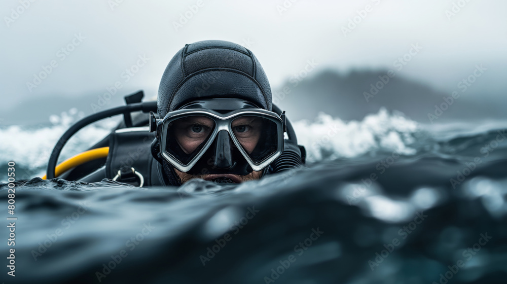 Fototapeta premium Technical diver working in the cold northern sea