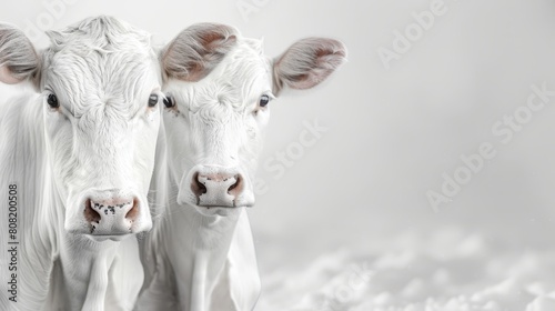   A few white cows stand adjacent to one another on a snow-covered white ground The scene unfolds against a gray backdrop