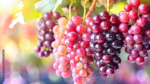  A tight shot of grapes clustered on a vine, with a green leaf atop