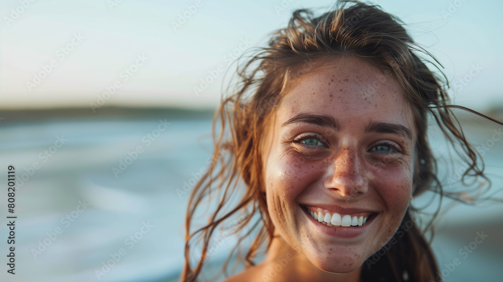 A cheerful woman enjoys a sunny day at the beach, her radiant smile reflecting happiness and relaxation. A cheerful woman enjoys a sunny day at the beach, her radiant smile reflecting happiness and relaxation.