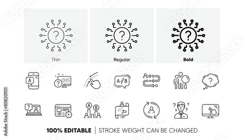 AB testing, Journey path map and Question mark. UX line icons. Quiz test linear icon set. Line icons set. Vector