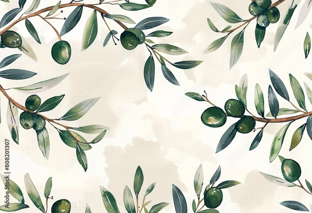 a watercolor design of olives on branches with leaves
a watercolor design of olives on branches with leaves