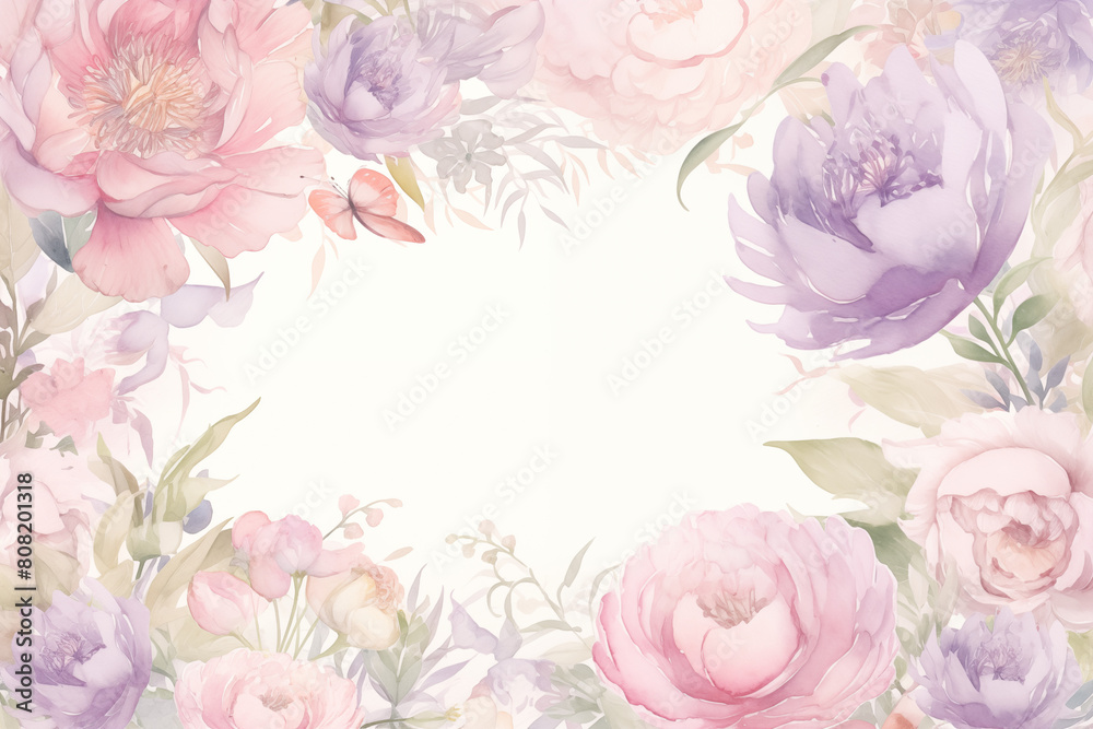 The border card design feature blend of roses, peonies in gentle shades of pink, purple