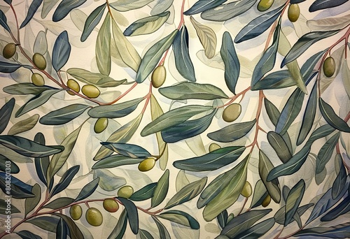 a watercolor design of olives on branches with leaves

