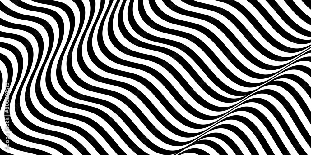 Black on white abstract perspective line stripes with wave style. optical illusion with 3d dimensional effect isolated on white.