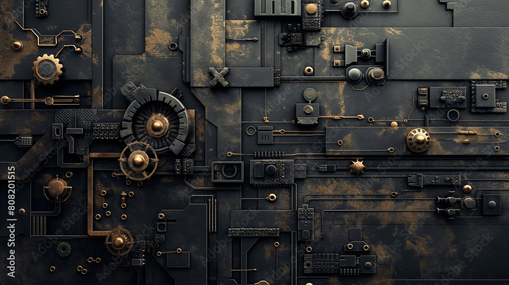 Mechanical structure with gears on a dark background, abstract mechanics, steampunk wallpaper, cyberpunk aesthetics, metal texture detail photography, science fiction inspiration backdrop