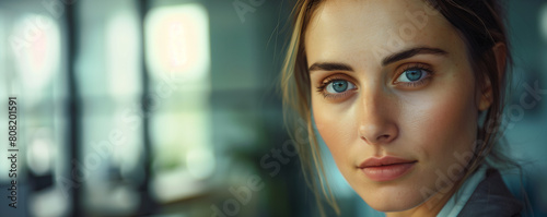 Close-up portrait of a thoughtful young woman indoors.