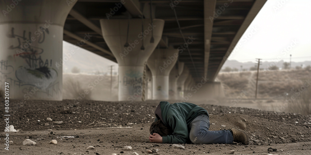 Young Person with Sad Face, Depressed, Pensive, Lonely, Abandoned, Under the Bridge Young Person with Sad Face, Depressed, Pensive, Lonely, Abandoned, Under the Bridge