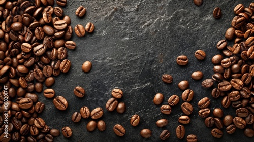 Coffee beans scattered on a dark stone background.
