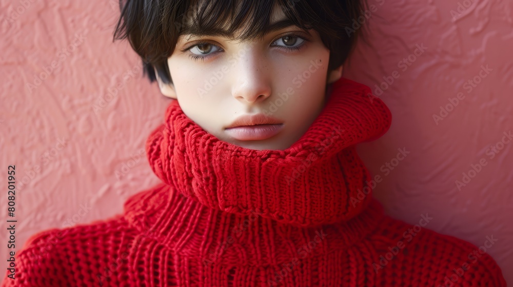 A mannequin in a red sweater and scarf is tightly framed against a pink background, its head the only part protruding beyond the wall A mannequin in a red sweater and scarf is tightly framed against a pink background, its head the only part protruding beyond the wall