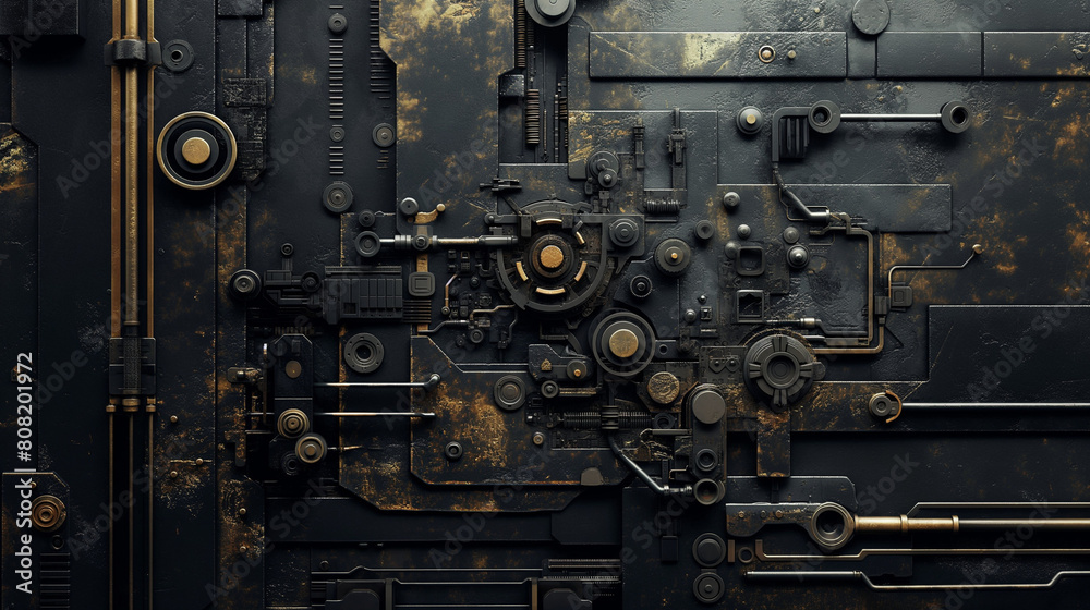 Mechanical structure with gears and pipes on a dark background, abstract mechanics, steampunk wallpaper, cyberpunk aesthetics, metal texture detail photography, science fiction inspiration backdrop Mechanical structure with gears and pipes on a dark background, abstract mechanics, steampunk wallpaper, cyberpunk aesthetics, metal texture detail photography, science fiction inspiration backdrop