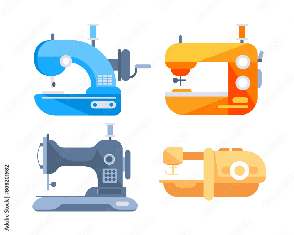 Sewing Machine Set. Mechanical devices for stitching fabric. Fashion pin craft needlework Sewing Machine Set. Mechanical devices for stitching fabric. Fashion pin craft needlework