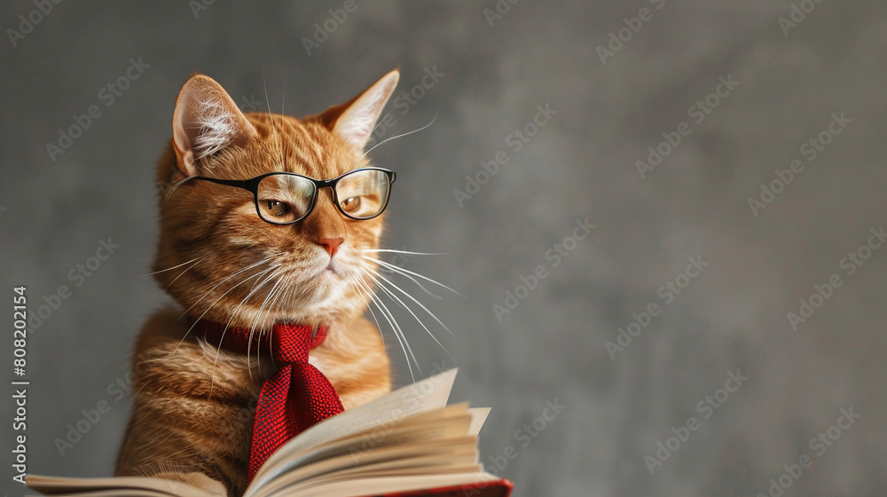Fluffy Orange Cat Wearing Glasses and Red Tie Fluffy Orange Cat Wearing Glasses and Red Tie