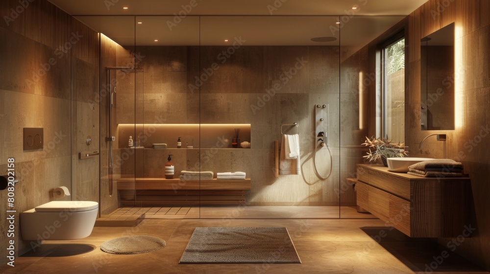 3D realistic image of a Bauhaus-inspired bathroom with wooden cabinets, metal fixtures, and clean, diffuse lighting accentuating the sleek design. 3D realistic image of a Bauhaus-inspired bathroom with wooden cabinets, metal fixtures, and clean, diffuse lighting accentuating the sleek design.