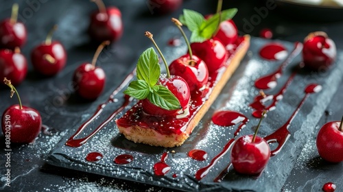 Cherry desserts homemade cake with vanilla ice cream and cherry pie slice with melting scoop