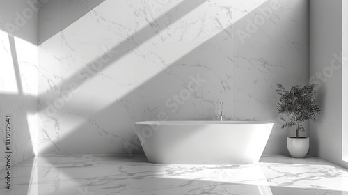 3D realistic image of a minimalist bathroom featuring white marble walls  a freestanding tub  and natural light streaming in through a skylight.