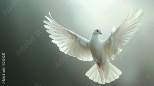 A white dove is flying with its wings spread wide. © Sittipol 