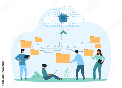 Cloud data storage, file backup organization. Tiny people organize directory information online, users download and share archives, search and add folders to network cartoon vector illustration