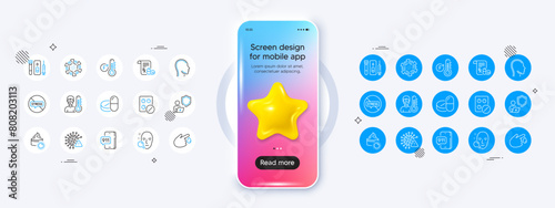 Medical prescription, Blood and saliva test and Face search line icons. Phone mockup with 3d star icon. Pack of Medical tablet, Coronavirus, Stop stress icon. Vector