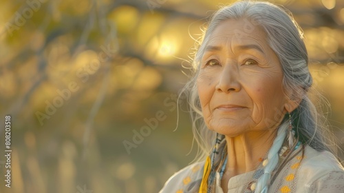 The picture of the american indigenous female standing inside the nature with calm and peaceful, the cultural consultant require skills like the cultural competence and communication skills. AIG43.