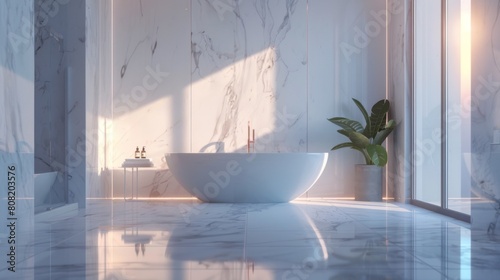 3D realistic image of a spacious bathroom with sleek  white marble walls and diffuse natural light pouring in from a frosted window.