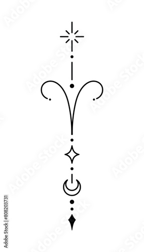 Aries zodiac sign and symbol blackwork tattoo. Sacred geometry horoscope tattoo design, mystic symbol of constellation. New school dotwork, line art minimalist style tattoo. Boho design.
